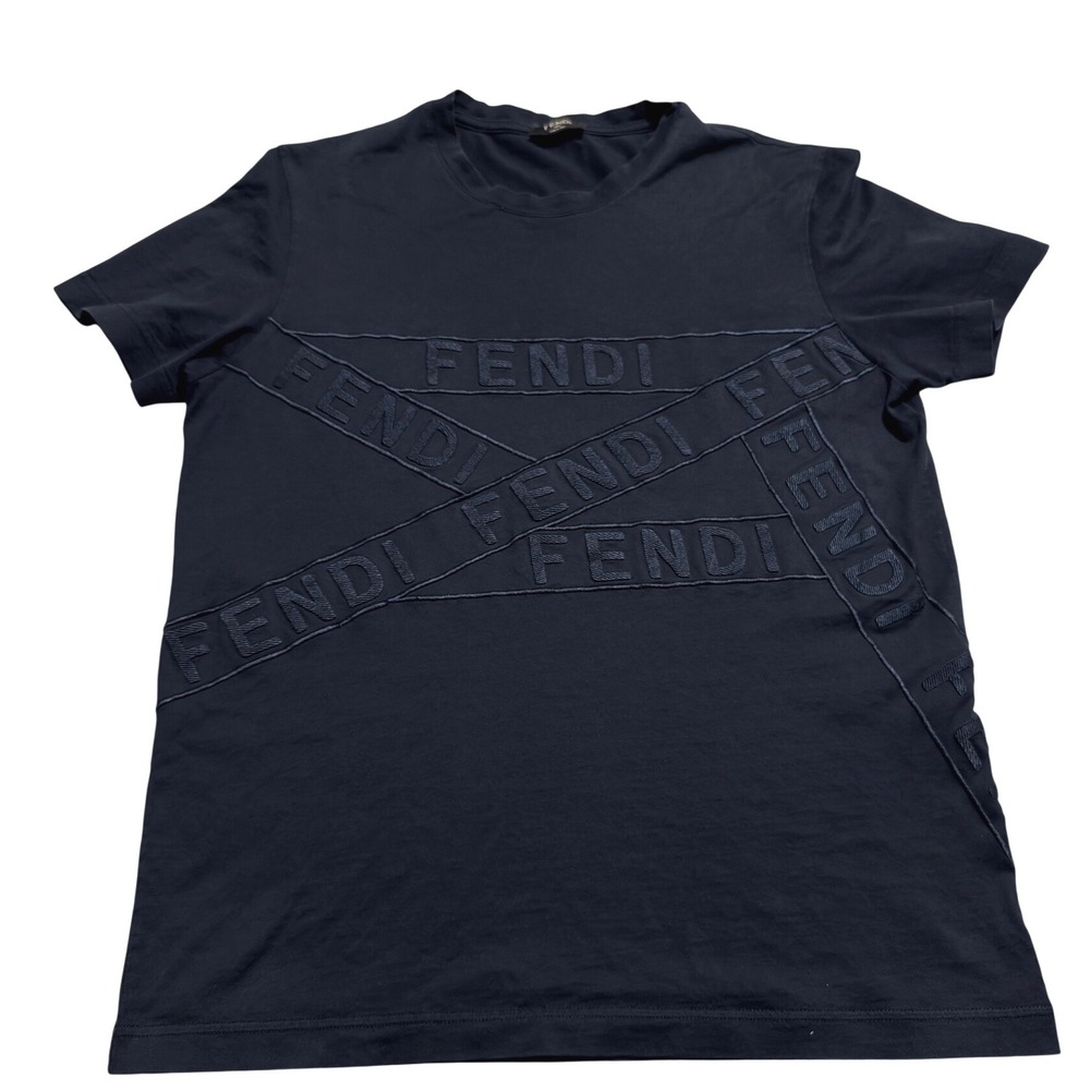 Fendi Roma Black T-Shirt Embroidered Logo Tape Cotton Tee Made in Italy M